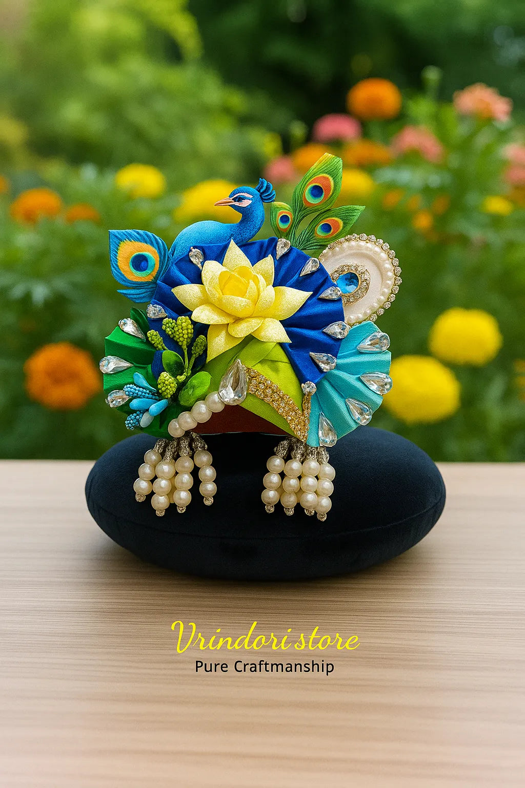Blue–Yellow Peacock Mukut – Premium Deity Crown