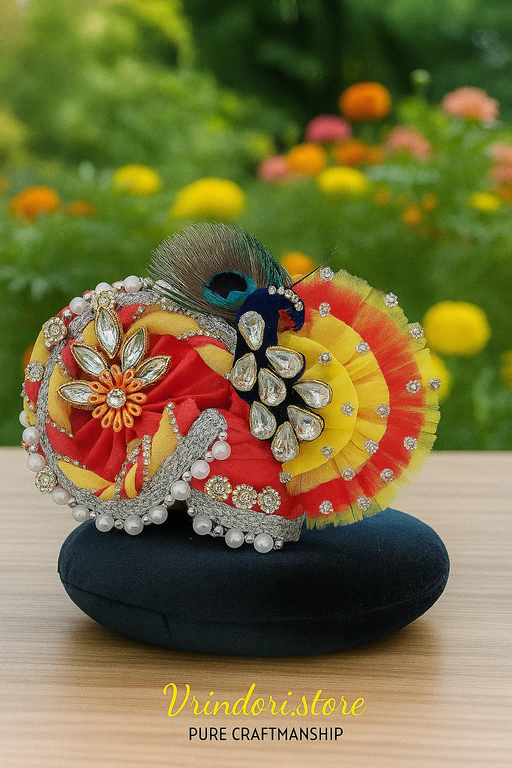 Red & Yellow Peacock Feather Mukut