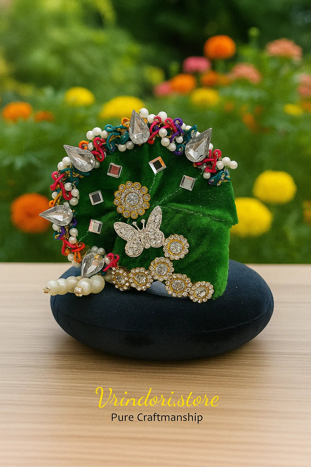 Green Velvet Mukut with Butterfly Design – Premium Deity Crown