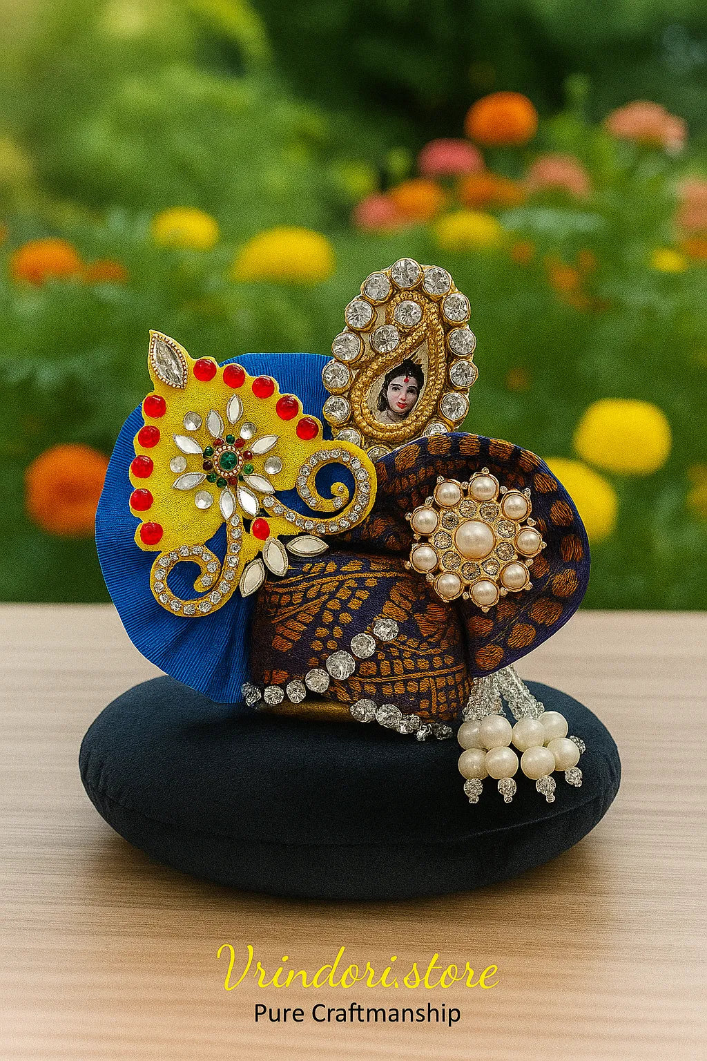 Blue–Brown Designer Mukut with Mini Krishna Frame