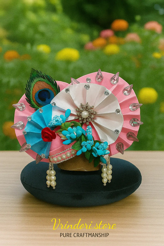 Pink–White Peacock Mukut with Floral Design