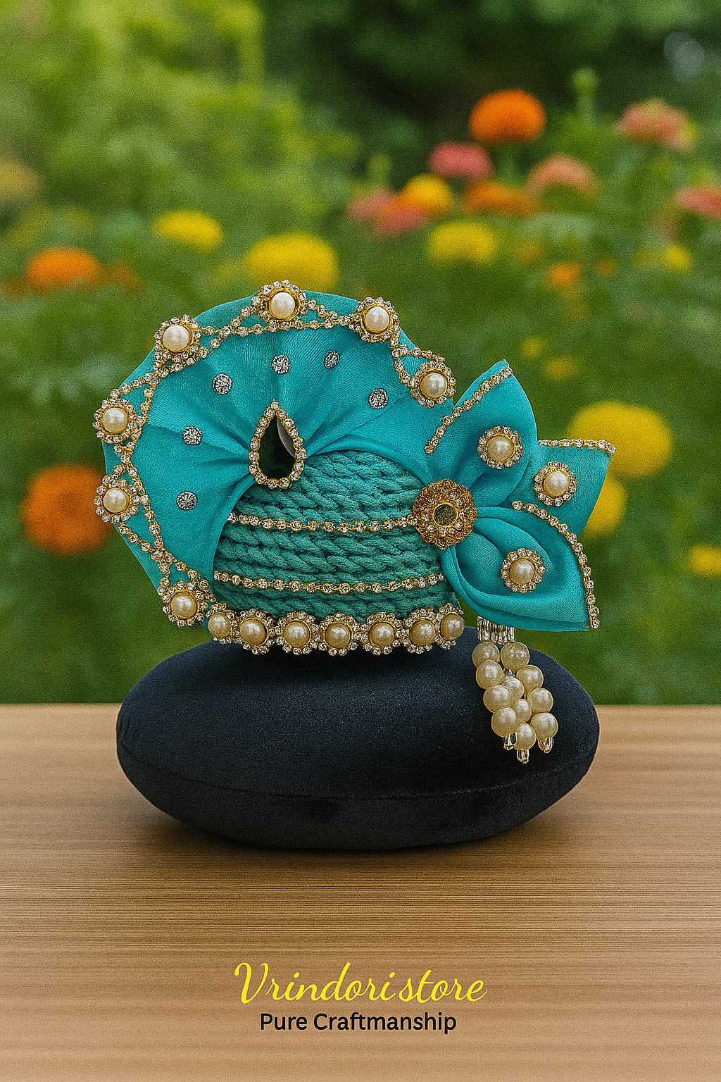 Turquoise Pearl Mukut – Premium Deity Crown
